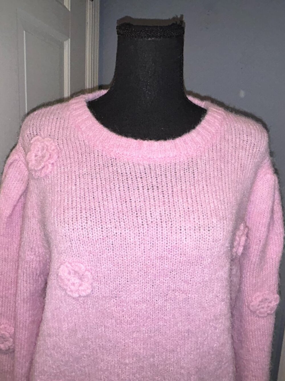 CeCe Women's Large Pink Sweater with Applique Flowers